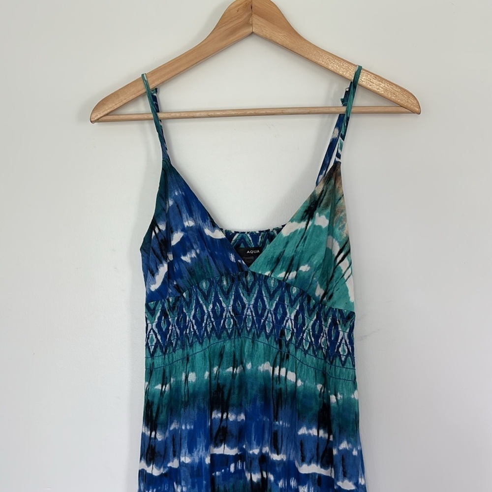 Aqua Tie Dye Colorful Tropical Spaghetti strap flowy vacation maxi dress smocked - Picture 7 of 8